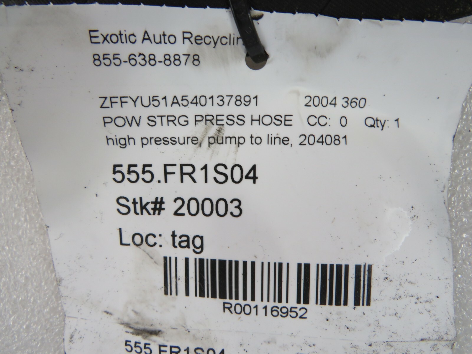 Ferrari 360, Power Steering Delivery Pump to Union Hose, Used, P/N 204081