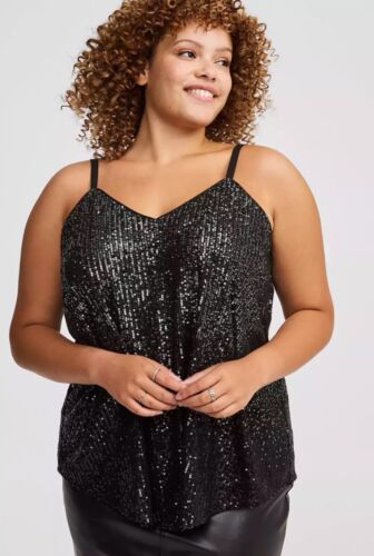 Torrid Full Sequin Black V Neck Swing Cami Lined size 12 Large Top Tank Sofie