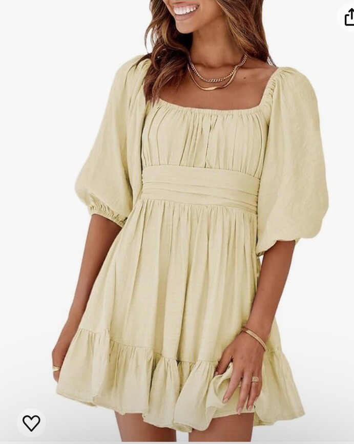 Dokotoo Beige L Back Tie Square Neck Swing Mini Skater Dress Tiered 1/2  Sleeve