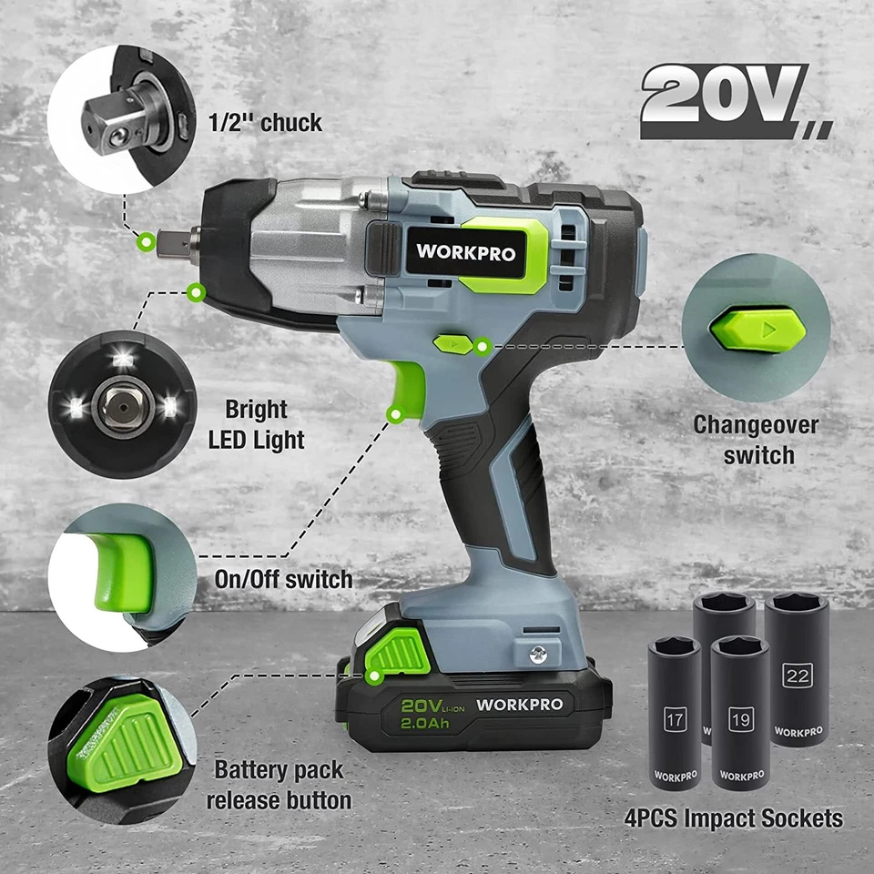 WORKPRO 20V Cordless Impact Wrench/with 4Piece Drive Impact Socket 2.0Ah Battery - Image 4 of 4