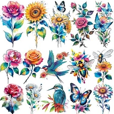 9 Sheets Large 3D Temporary Tattoos Colorful Flower Fake Tattoo Stickers
