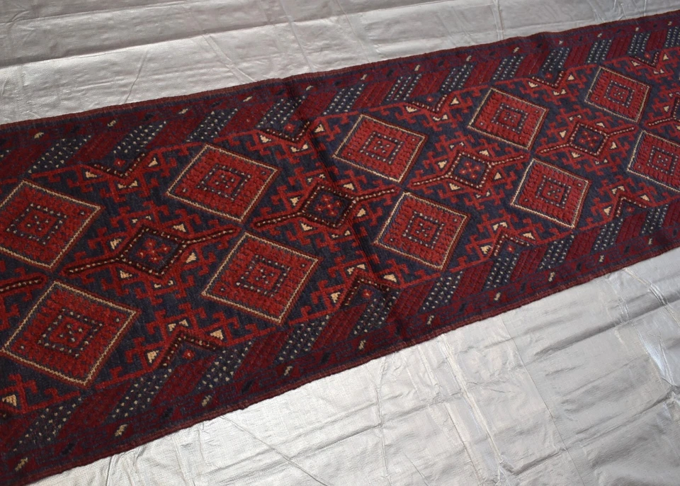 Vintage Afghan Persian Mushvani Runner Rug 3x12 ft Red Blue Oriental Wool Carpet - Image 4 of 4