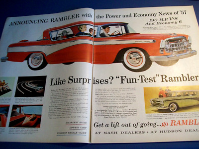 1957 Hudson Rambler Custom and Cross Country with features big  2-pg mag ad
