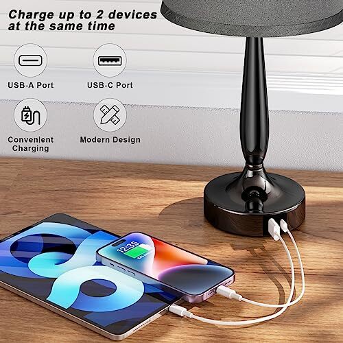 Nachtkastlampen Set van 2 met USB-opladen en AC-uitgang, 3 kleurtemperaturen Nachtkastlamp met linnen vorm, Pull Chain Desk Light voor Slaapkamer Woonkamer Kantoor, Dual Blubs inbegrepen