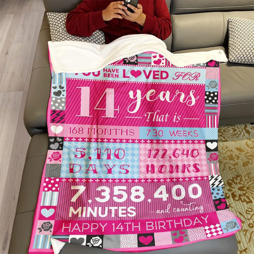 14 Year Old Girl Birthday Gifts, Pink Love Rose Elements Happy Birthday Blanket, - Picture 3 of 6