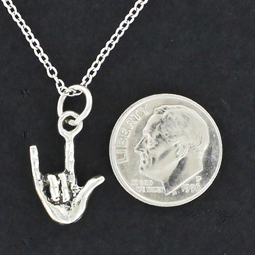 I LOVE YOU Language Necklace - Pewter Charm on Cable Chain Deaf Hands ASL Hear - Picture 3 of 6