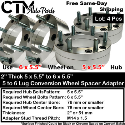4x 2'' 5x5.5'' to 6x5.5'' 78mm Bore Conversion Wheel Spacer Adapter Fit 9/16 Dodge