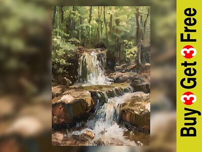 Impasto Wald Wasserfall Öl, traditionelles Gemälde Druck 5''x7'' auf mattem Papier