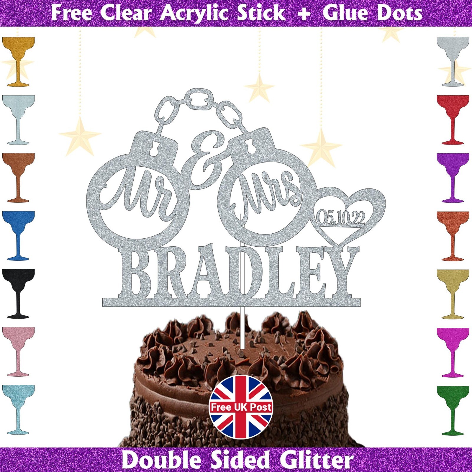 Personalised Police Handcuff Mr & Mrs Cake Topper Custom Anniversary