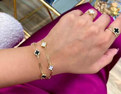 14K Solid Yellow Gold Clover Paperclip Bracelet/ White Clover Bracelet