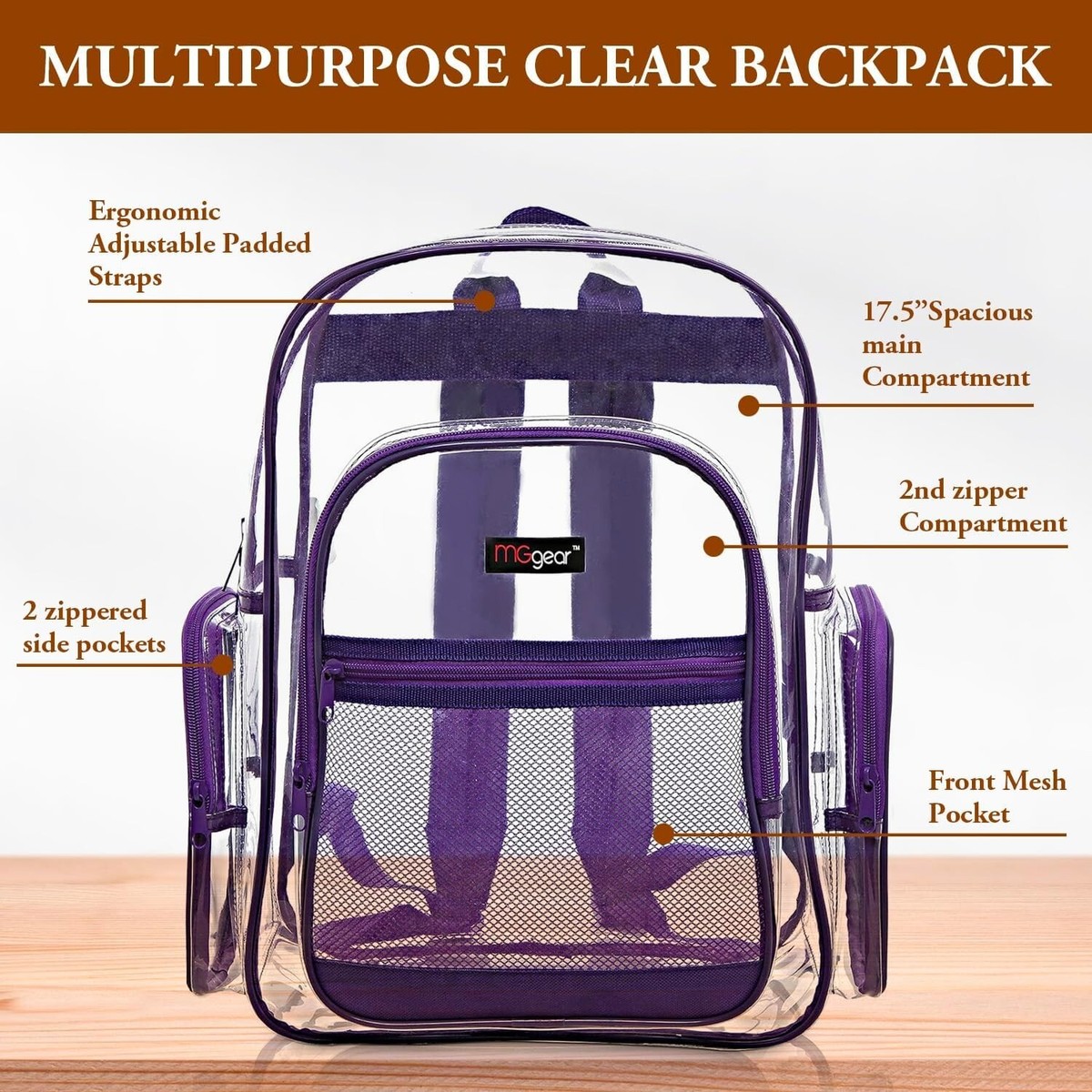 Transparent See Thru Clear PVC School Security Backpack Outdoor with Purple  Trim