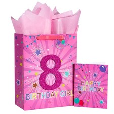 Birthday Pink Gift Bag with Tissue Paper Gift Tag and Greeting Card for 8th G...
