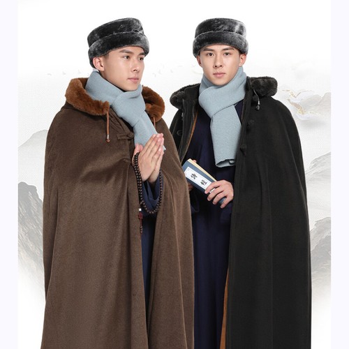 Men Chinese style Cloak Mantle Cape Jacket Thick Outwear Bonze Hooded Fur Collar - Picture 3 of 17