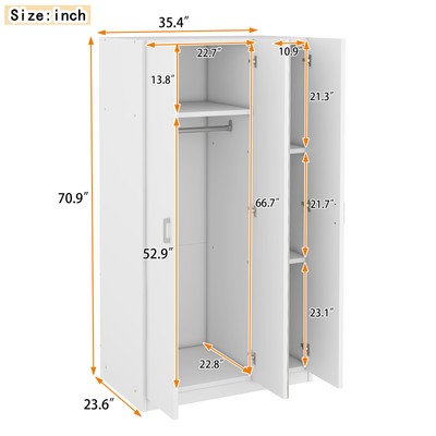 3 Doors Wardrobe Armoire Closet Mirror Cabinet Storage Organizer w/ Hanging Rod