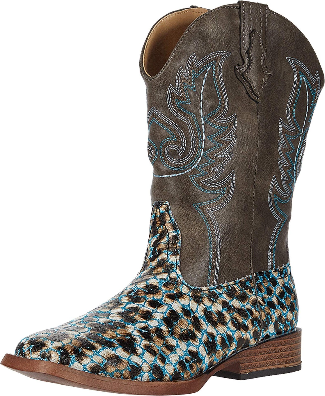 ROPER Girls' ' Glitter Leopard Western Boot Square Toe Brown 2 D