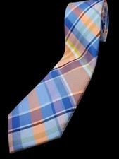 NORDSTROM Boy's 100 Silk Tie 51" Blue Orange White Yellow Plaid Necktie NEW