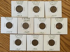 Lot of 10 Different Canada Elizabeth II First Portrait 1 Cent Coins, 1953-1964