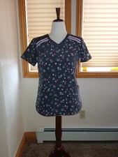 DICKIES Women's Gray Pink Purple Geometric Print Stretch Scrub Top Small