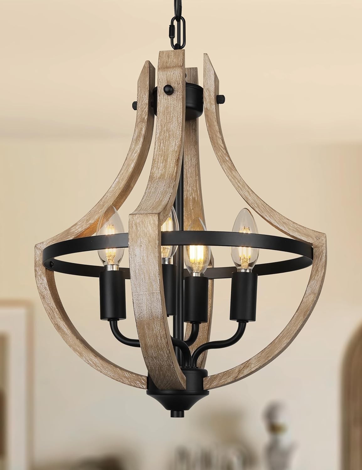 4-Light Farmhouse Dining Room Light Fixture, Adjustable Height Hanging Wood Vint