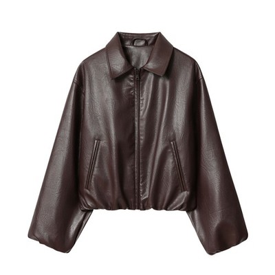 Women's Genuine Leather Cropped Bomber Jacket   Balloon Sleeves   Dark Brown