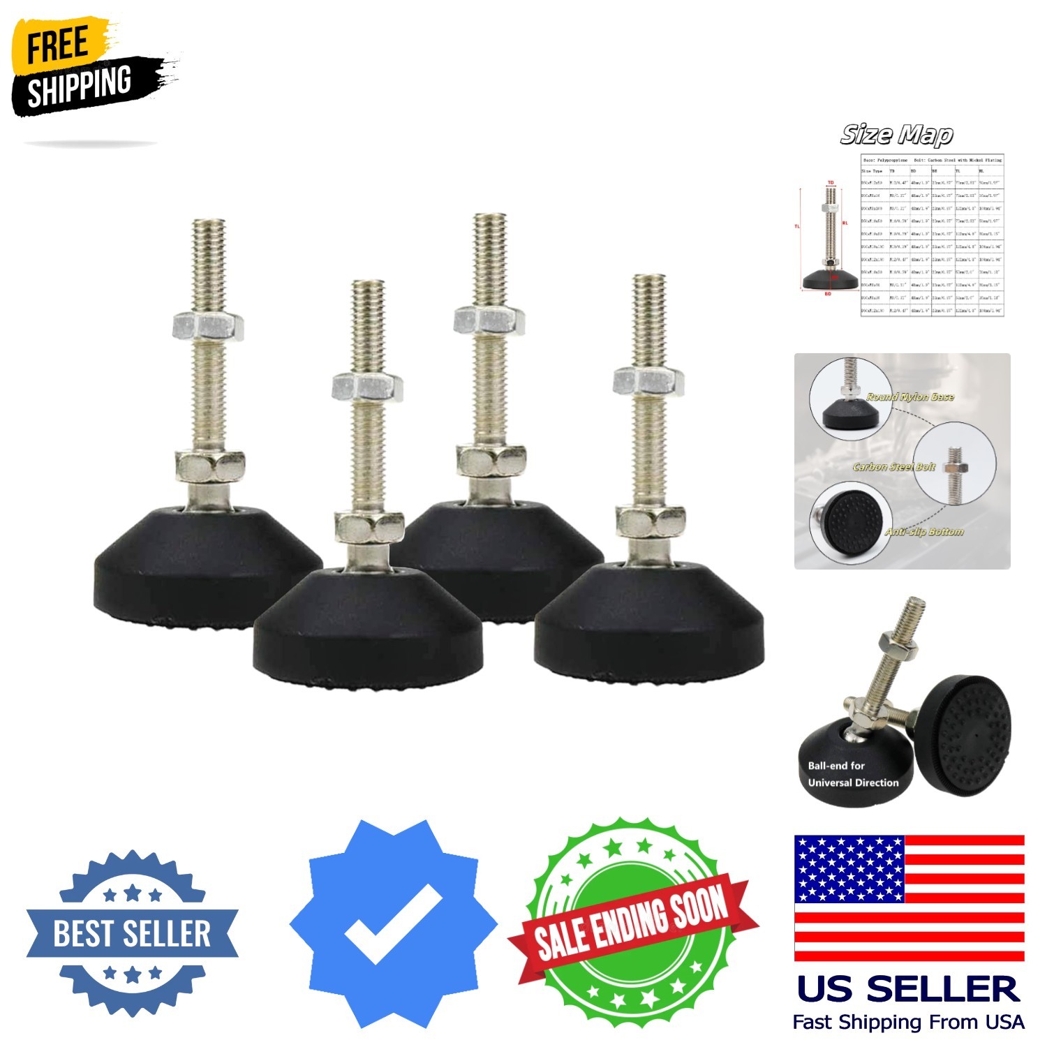M8x50mm Adjustable Leveling Feet 4Pcs, 2.83 Inch Height & 880 lb Capacity, He...