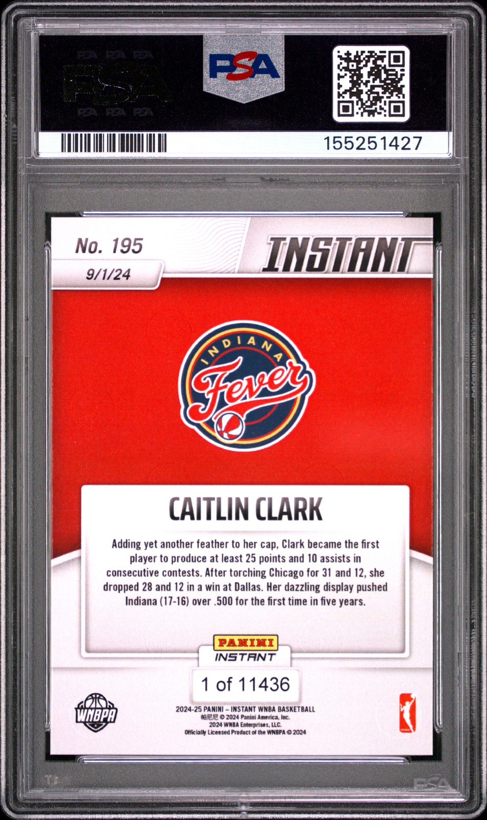 2024 PANINI INSTANT WNBA #195 CAITLIN CLARK ROOKIE RC PSA 10 view 2
