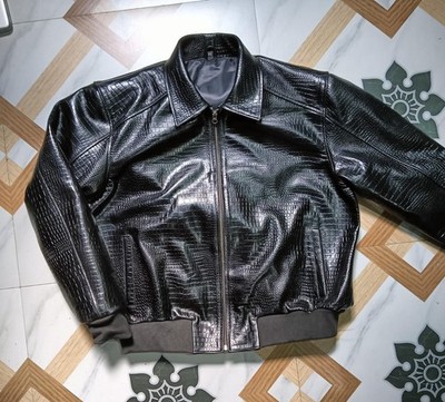 Men's Black Alligator Crocodile Embossed textured on genuine leather Jacket