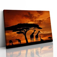 Giraffe Herd at Sunset Canvas Framed Print Picture Wall Art