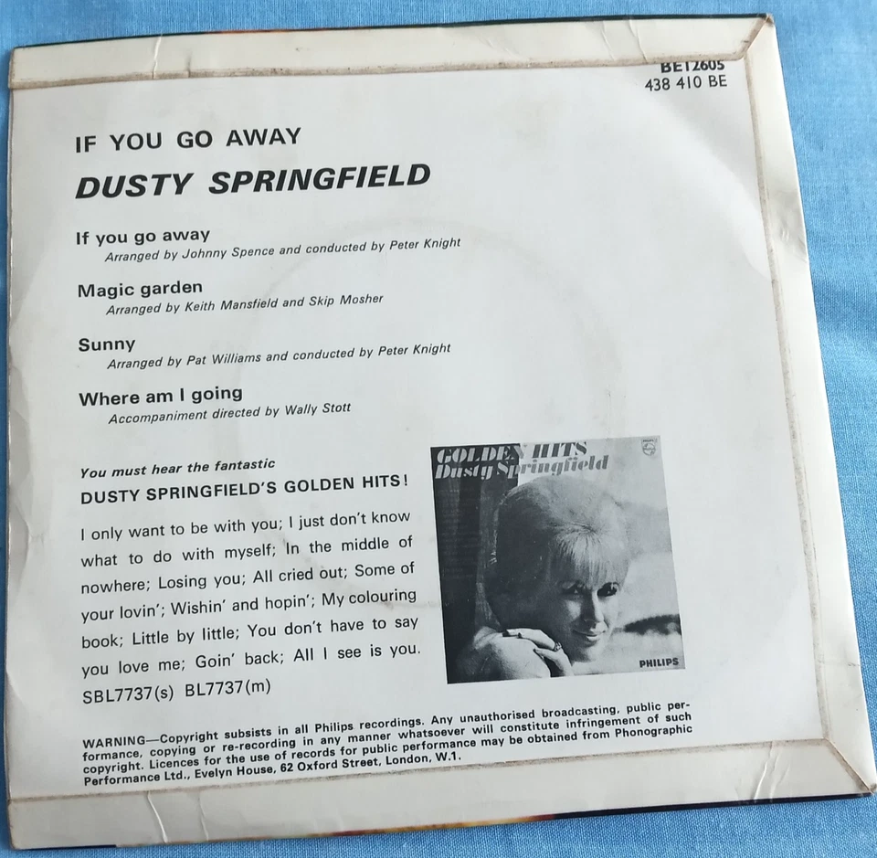 DUSTY SPRINGFIELD, IF YOU GO AWAY, 1968 PHILIPS LABEL EP, POP, FEMME, NM / EX. - Image 2 of 3