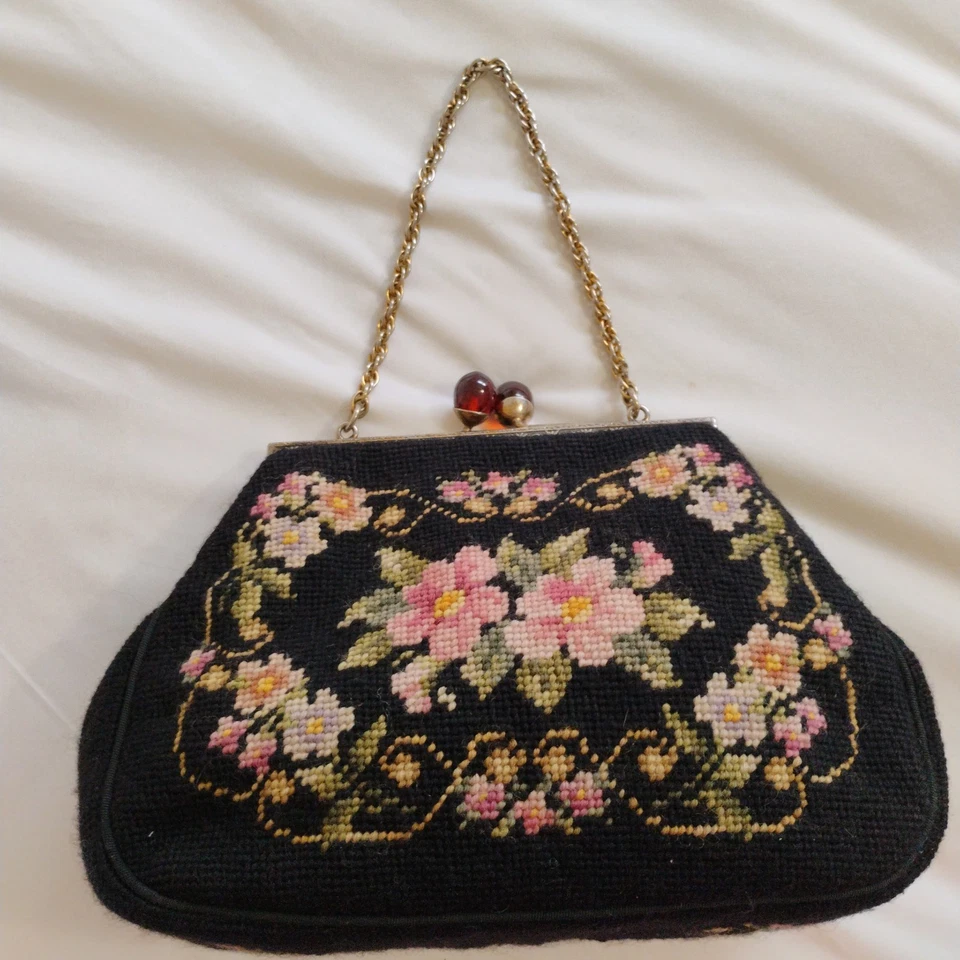 Vintage 50s Floral Crosstitch Purse Amber Kisslock Chain Strap Handbag Sandpiper - Image 2 of 4