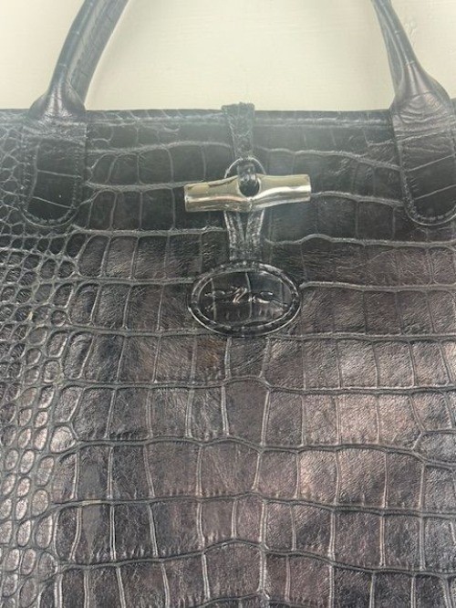 Longchamp Black Crocodile Embossed Leather Roseau Handbag Tote