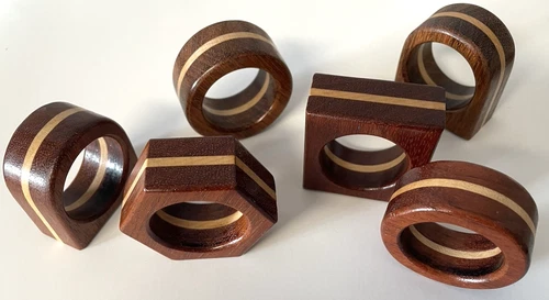 Set of 6 Multi-Shaped Multi-Wood Vintage Hancrafted Wooden Napkin Rings USA