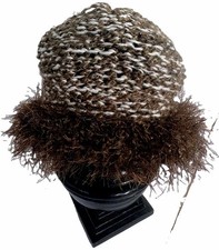 Handmade Vtg Marled Artisanal Brown Crochet Cloche Boho Hat Fluffy Fringe Brim
