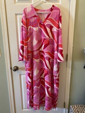 Natori Pink and White Printed Loungewear MuMu Caftan Coverup