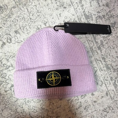 Stone Island Men's Purple Ribbed Knit Beanie Hat w/ Logo Patch, Stretch