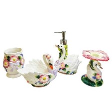Ceramic Swans and Flowers Bathroom Set, 4 Piece Bathroom Ensemble Set with To...