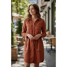 Velvet Heart Sz. L New Rust Orange Shirt Dress Chambray Twill Tencel Safari Boho