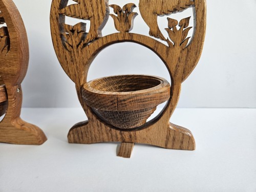 Set Of Two Wooden Hand Carved Bird Sculpted Planter Plant Holder 4.5” Diameter - Picture 4 of 11