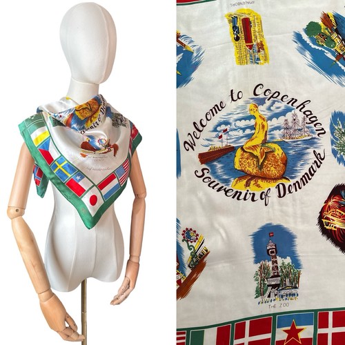 1970's Vintage Copenhagen Denmark Novelty Printed Souvenir Square Scarf - Picture 1 of 7