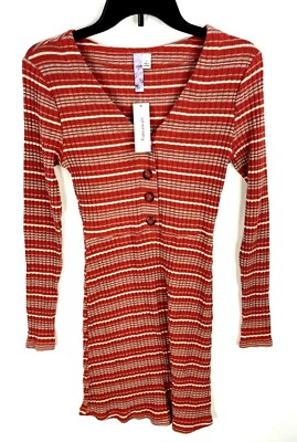 Francescas Dress Womens Small Red Stripe Ribbed Button Front V-Neck Long Sleeve