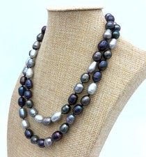 New 2 Rows 10-12mm natural south sea black gray real pearl necklace 18-19