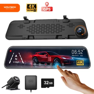 WOLFBOX 4K 12" Dual Dash Cam Car Rear Mirror View Backup Dual Camera G840S