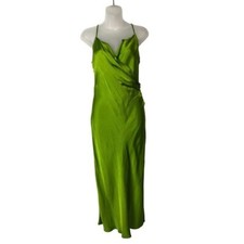 Zara Lime Green Satin Drape Front Slip Midi Dress M
