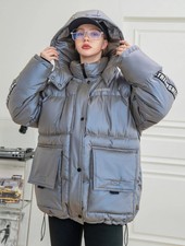 Shein Cold Break Letter Tape Zip Up Hooded Puffer Coat (size S)