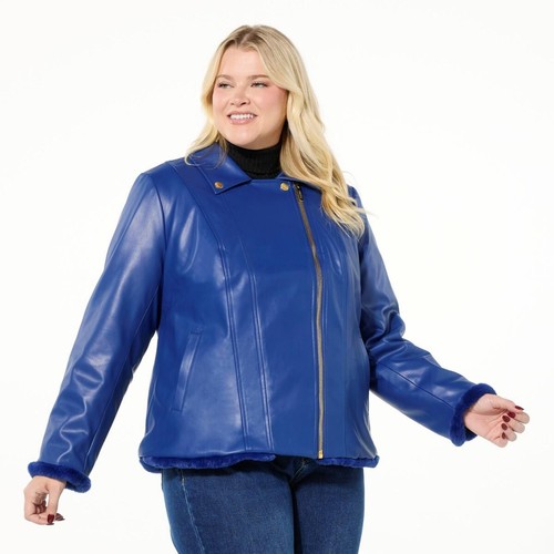 Royal Blue Reversible Faux Fur to Faux Leather Moto Jacket Size 1X IMAN GC New - Picture 4 of 9
