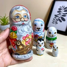 Christmas Nesting Doll - Santa Claus and Animals, Xmas Ornament 5pcs 5,4"/13,5cm