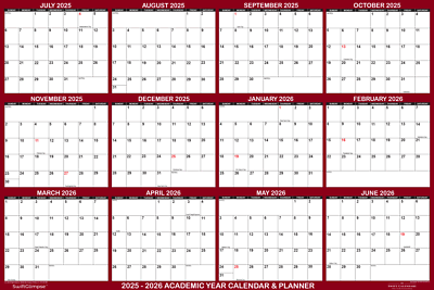 2025-2026 Academic Wall Calendar Erasable Home School Wall