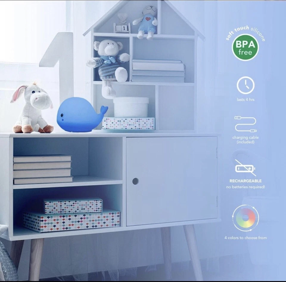 Wally Whale Blanco Multicolor Cambiante LED Recargable Silicona Luz Nocturna Nuevo Foto 4 de 4