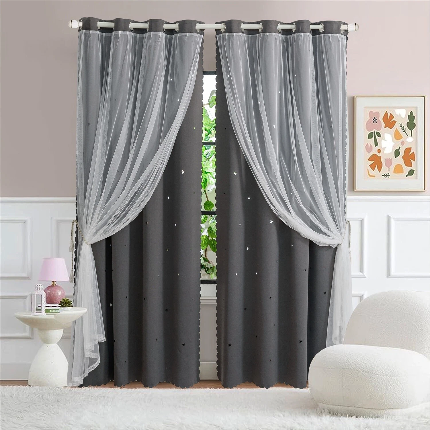 Star Curtains Blackout with white lace Curtains for Bedroom Double Layer Curtain