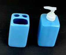 NEW Hand Soap Dispenser Toothbrush Paste Holder Set 2pcrs Ceramic BLUE 4x2x2in